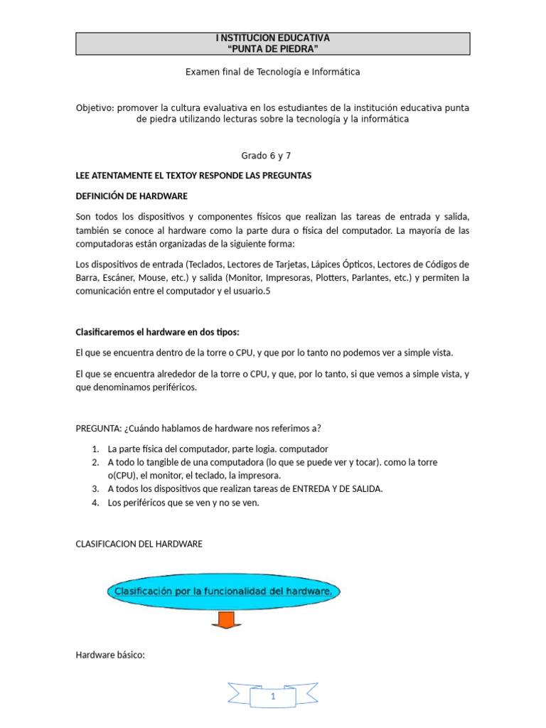 Examen de Hardware para Grados 6 y 7 | PDF | Hardware de la computadora ...