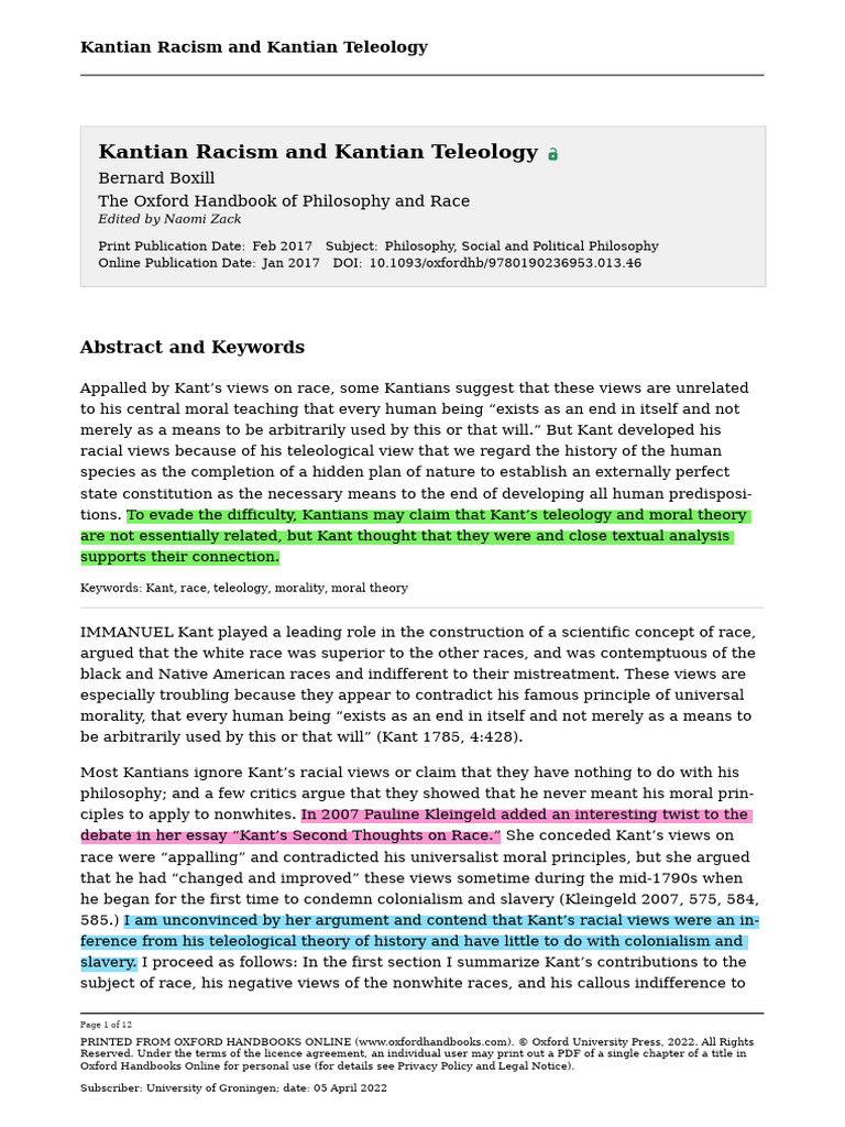 Kantian Racism and Kantian Teleology (2017) - Bernard Boxill | PDF