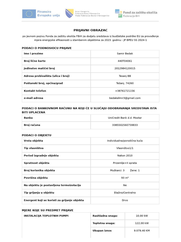 Prijavni Obrazac: Podaci O Podnosiocu Prijave | PDF