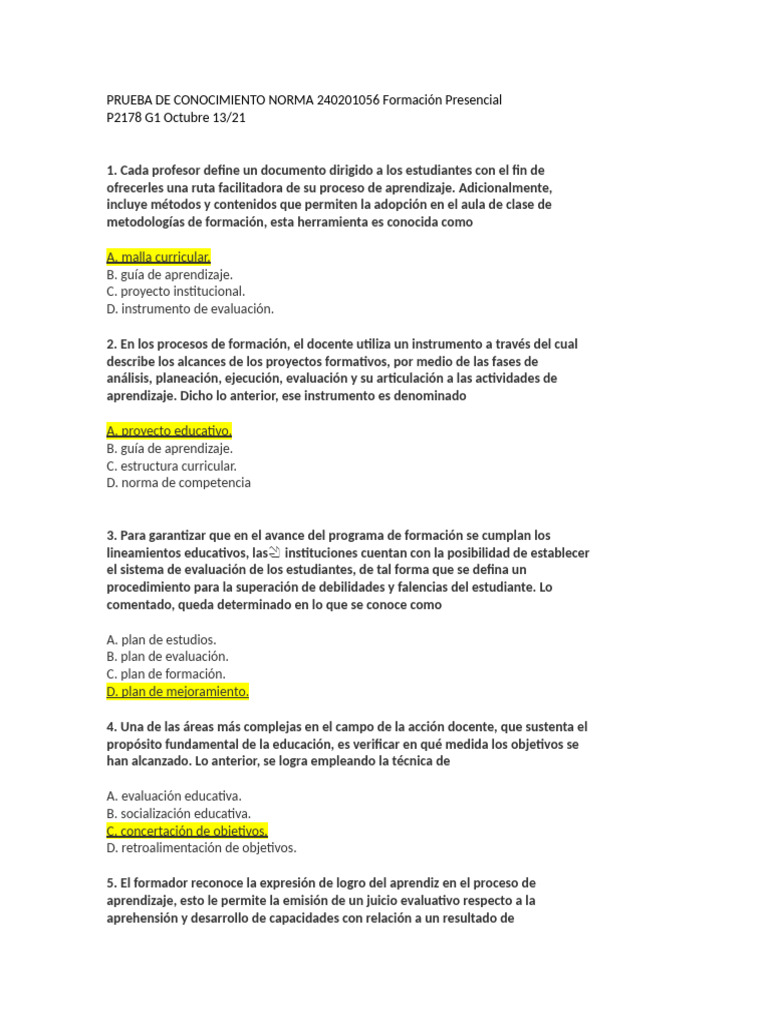 Prueba de Conocimiento Norma 240201056 Formación Presencial | PDF