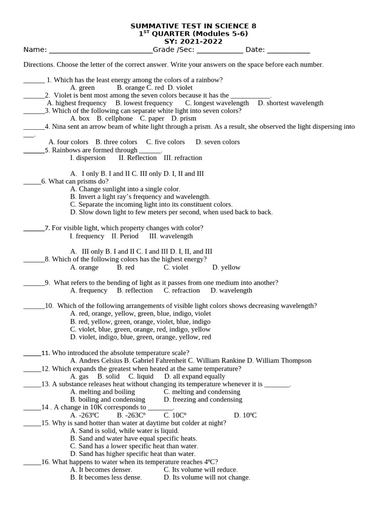 Science 8 Summative Test: 1st Quarter | PDF | Temperature | Water