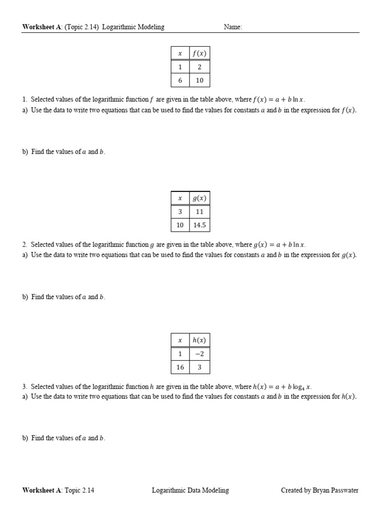 Worksheet A Topic 2.14 Logarithmic Modeling | PDF