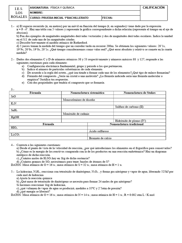 Prueba Inicial 1º Bachillerato | PDF