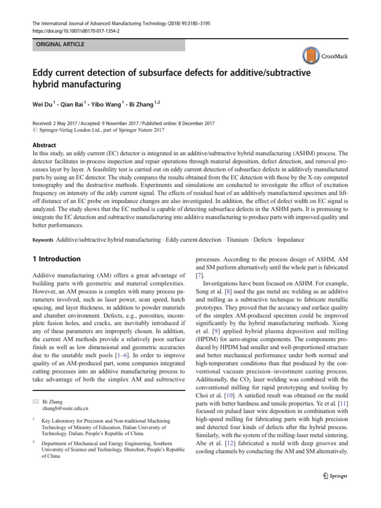 Eddy Current Detection of Subsurface Defects For Additive/subtractive ...