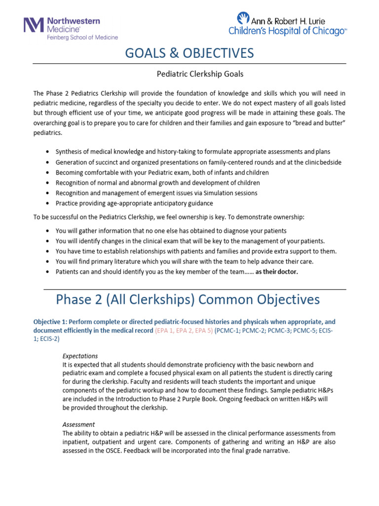 Pediatric Clerkship Goals and Objectives | PDF | Patient | Career & Growth