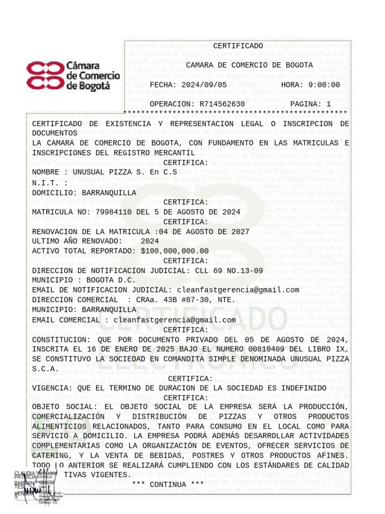 Plantilla Certificado Camara y Comercio de Bogota | PDF