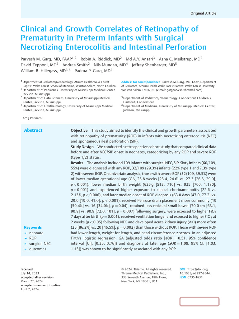 Clinical and Growth Correlates of Retinopathy of Prematurity in | PDF