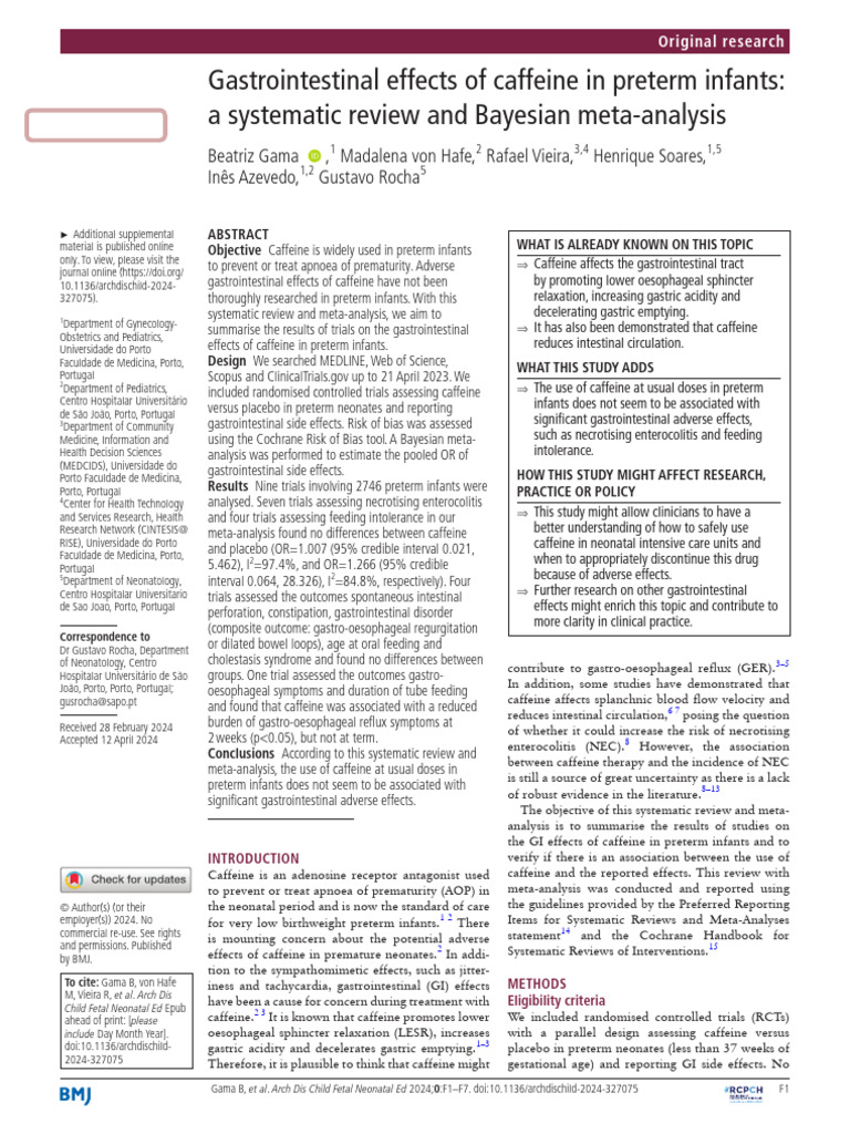 Gastrointestinal Effects of Caffeine in Preterm Infants A Systematic | PDF