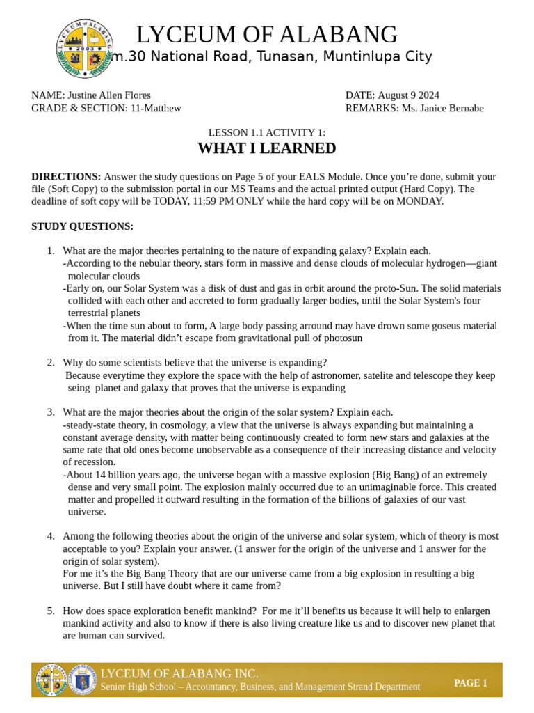 Lesson 1.1 Activity 1 What I Learned | PDF
