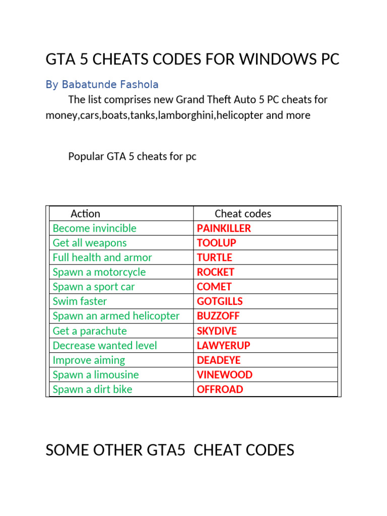 GTA 5 Cheat Codes for PC | PDF
