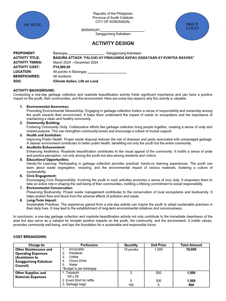 ACTIVITY DESIGN Kabataan Kontra Basura | PDF