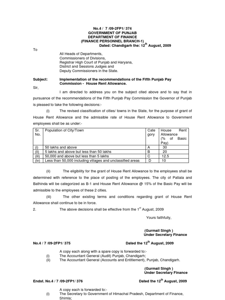 HRA by PUNJAB GOVT in 6th Pay Commission Notification by Vijay Kumar Heer |  PDF | Punjab | Government Of India