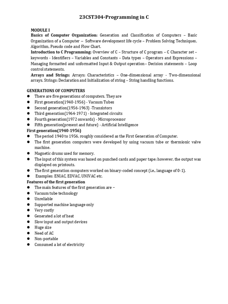 Programming in C Notes - Module I | PDF