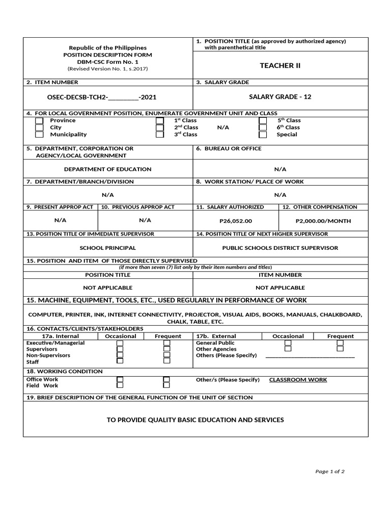 CS Form No. 1 POSITION DESCRIPTION FORM - ELEM T2 | PDF