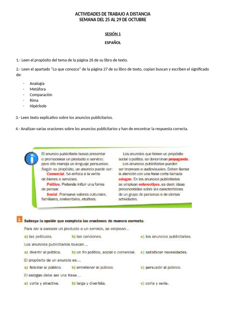 Actividades A Distancia Del 25 Al 29 de Octubre | PDF