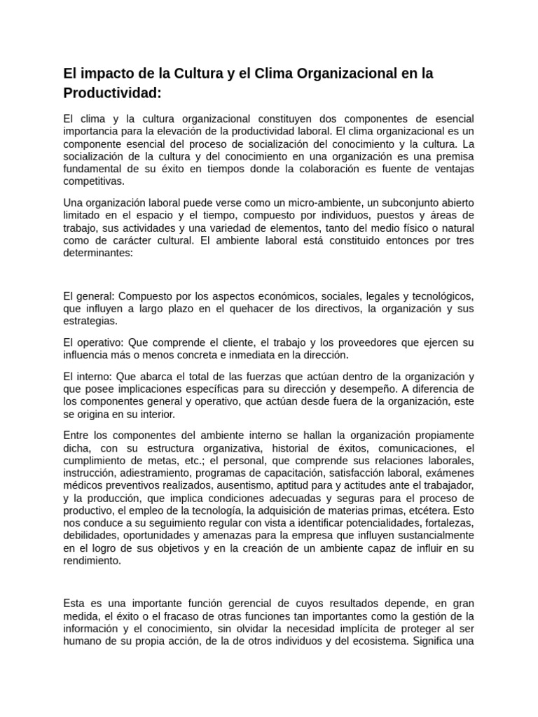 Impacto de La Cultura y El Clima Organizacional en La Productividad | PDF