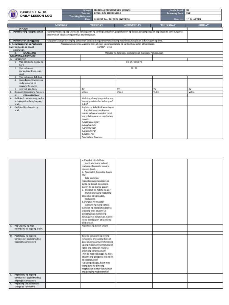 Daily Lesson Log for Grade 3 ESP | PDF