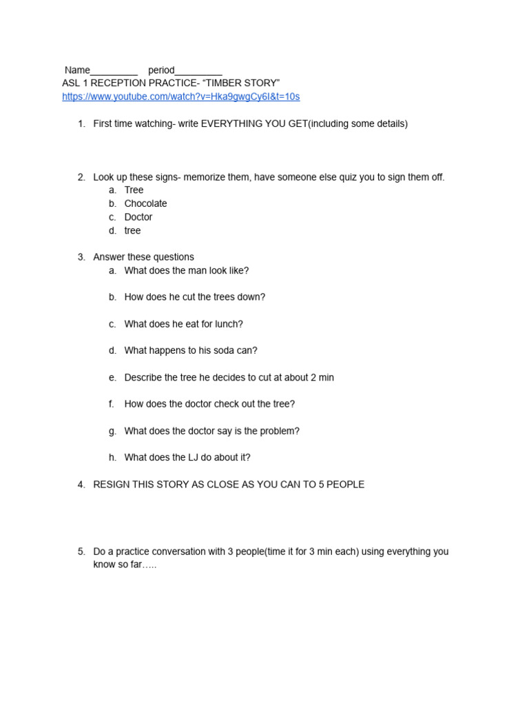 Asl 1 reception practice timber story pdf