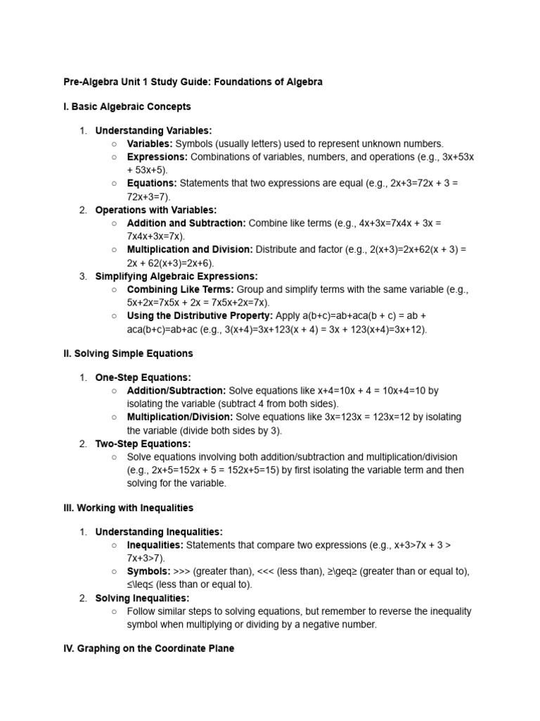 Pre-Algebra Unit 1 Study Guide | PDF | Equations | Inequality (Mathematics)