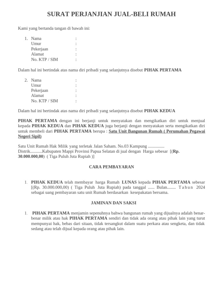 Surat Perjanjian Jual Beli Rumah | PDF
