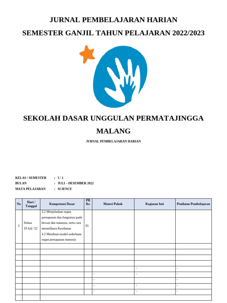 Jurnal Pembelajaran Harian Ipa Kelas 5 Smt 1 Pdf