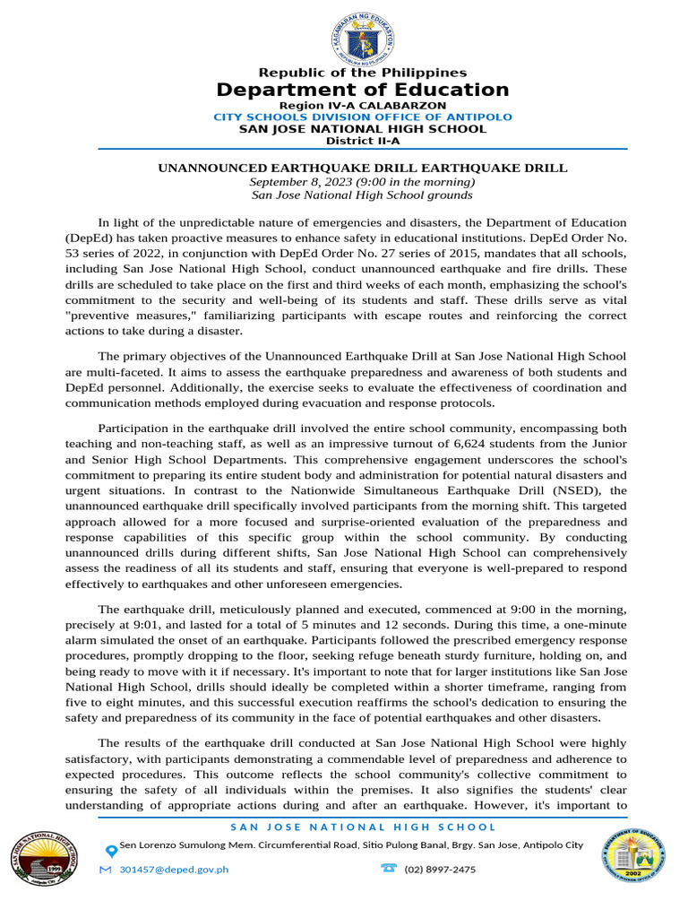 Unannounced Earthquake Drill | PDF