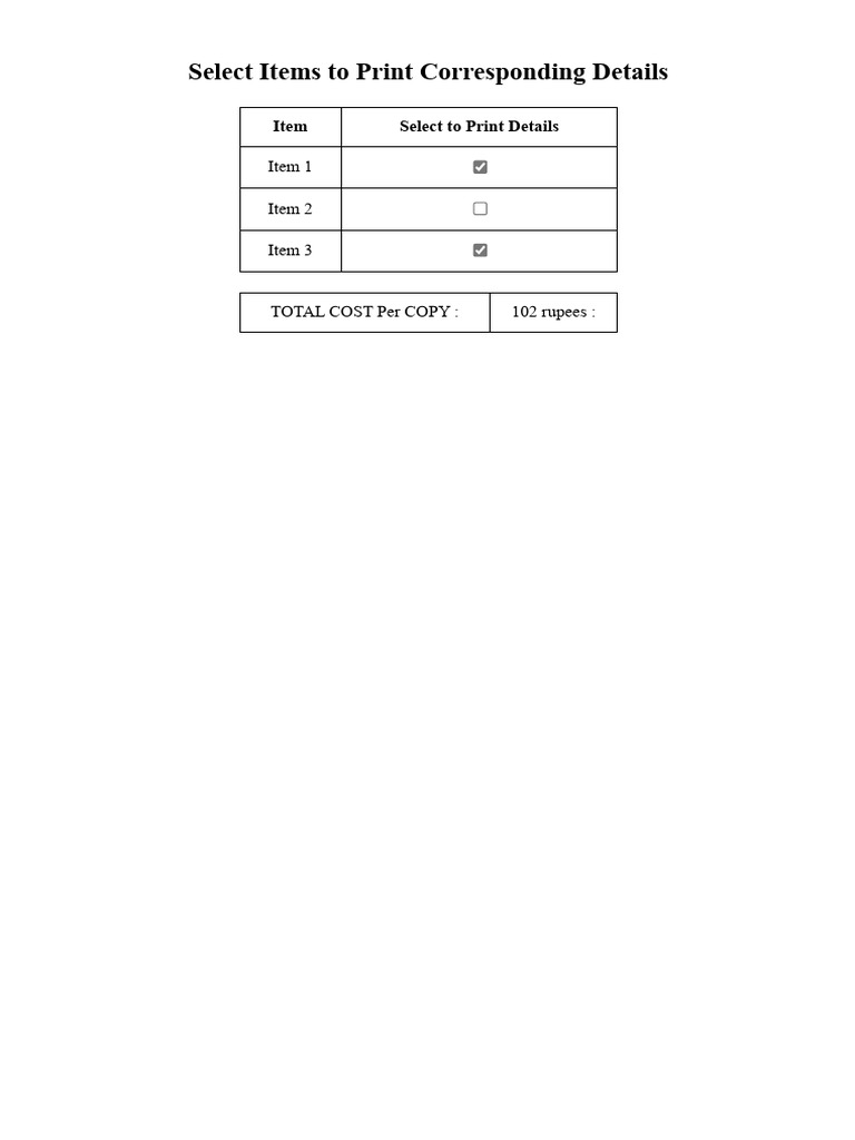 Print table rows based on checkbox pdf