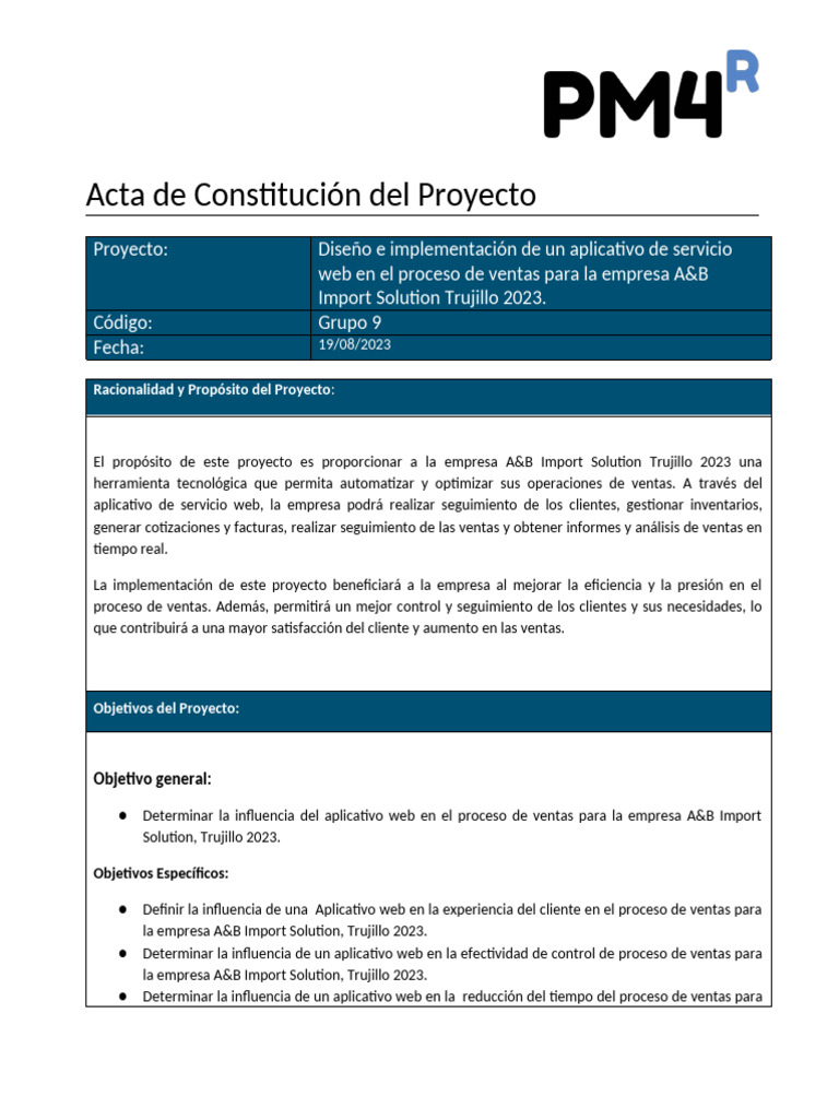 Acta de Constitucion Del Proyecto Plantilla | PDF