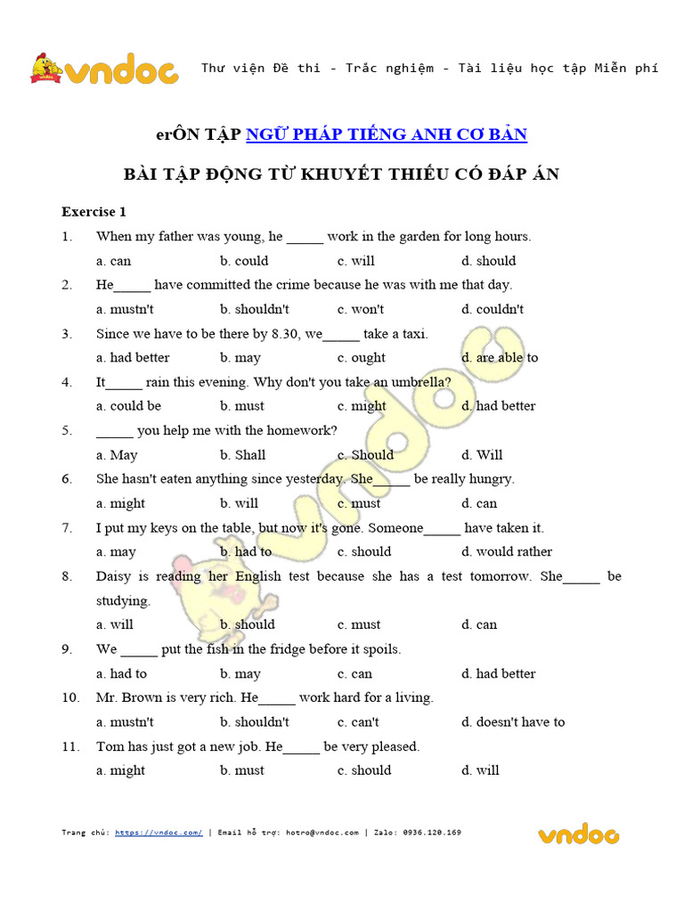 Bai Tap Trac Nghiem Ve Dong Tu Khuyet Thieu Trong Tieng Anh | PDF