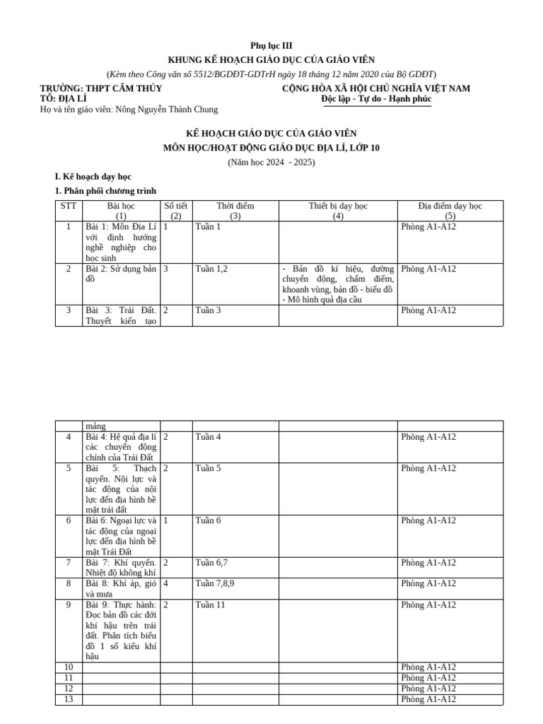 Phu Luc 3 Mau Ke Hoach Giao Duc Cua Giao Vien 202020 | PDF