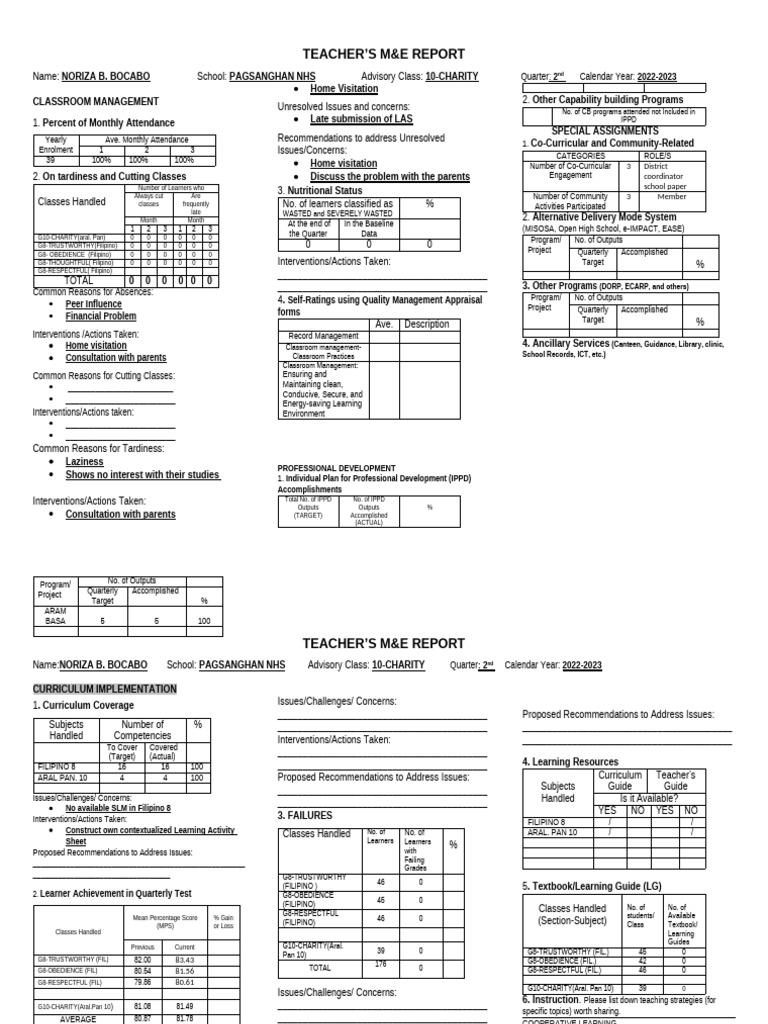 Teachers M&E Report (A4) 2nd QUARTER | PDF