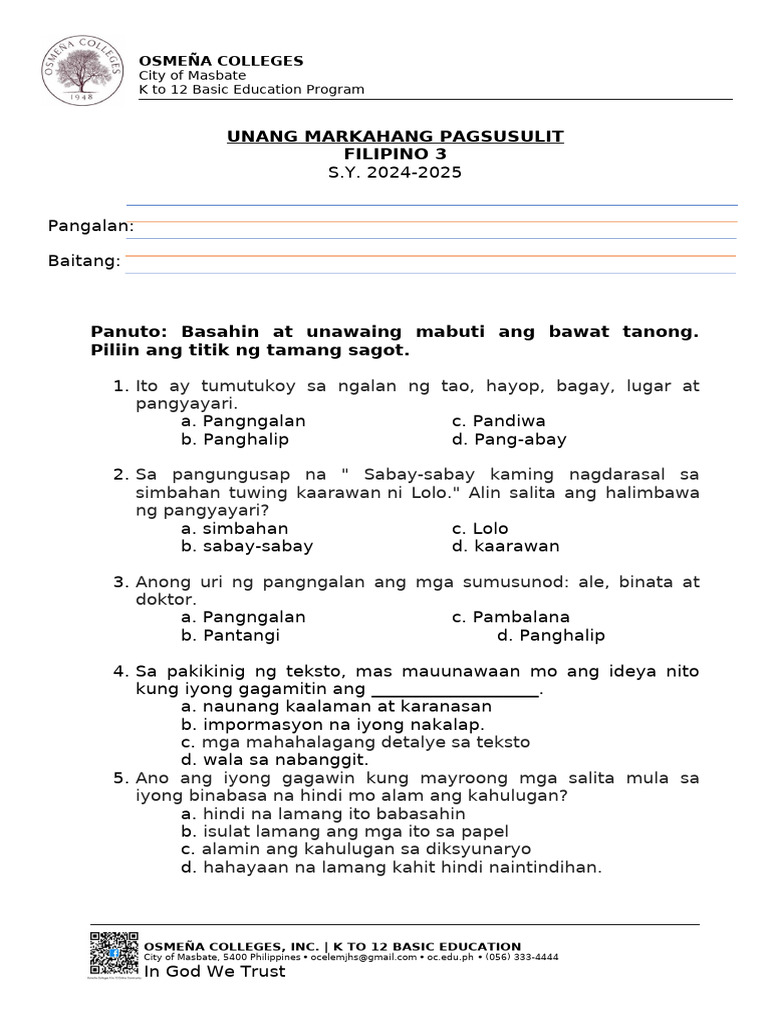 Unang Markahang Pagsusulit sa Filipino 3 | PDF | Language Arts ...