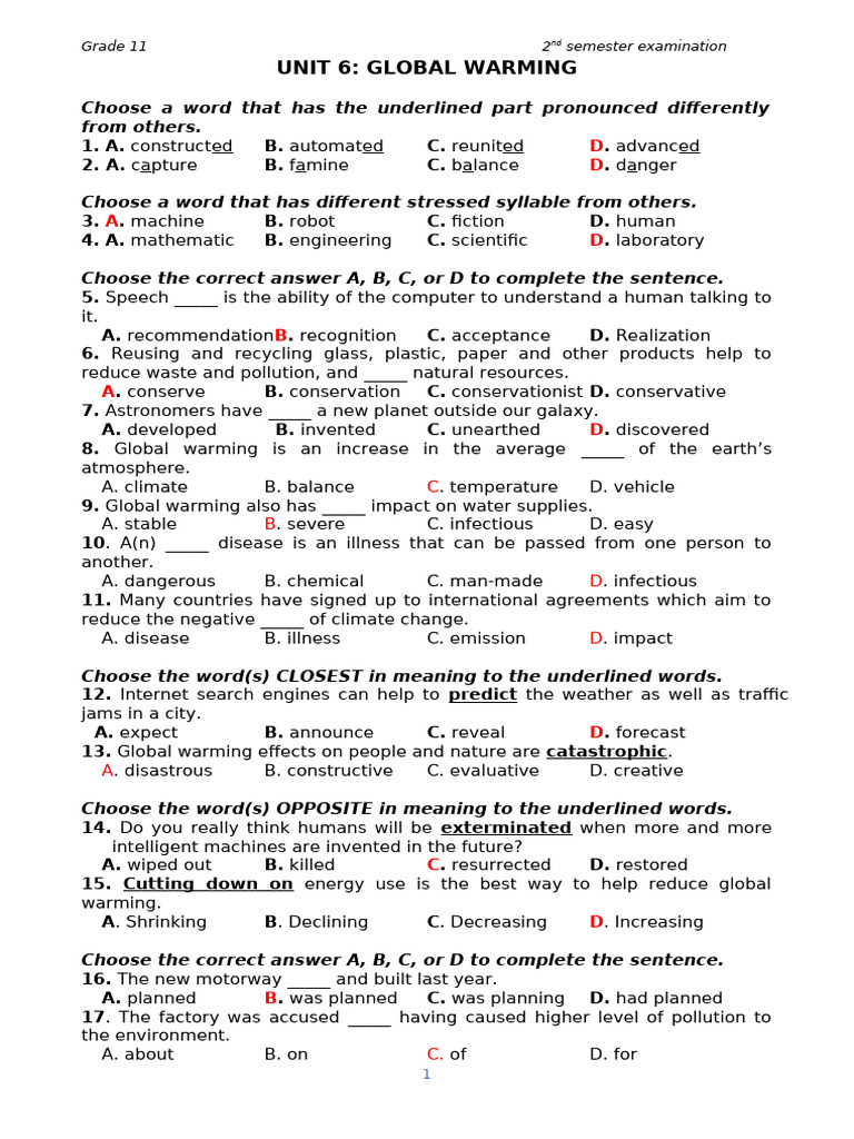 ôn Thi Hk2 Units 6 10 With Keys Pdf