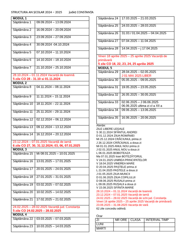 Calendar Scolar Constanta 2024 2025 STRUCTURAT PE SAPT SI MODUL | PDF