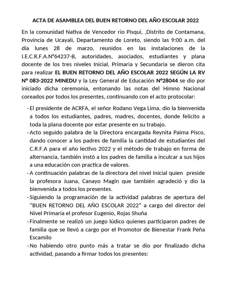 Acta de Asamblea Del Buen Inicio Del Año Escolar 2022 | PDF | Salud y ...