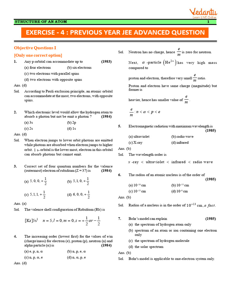 Jee Advanced Chemistry Atomic Structure Practice Papers | PDF