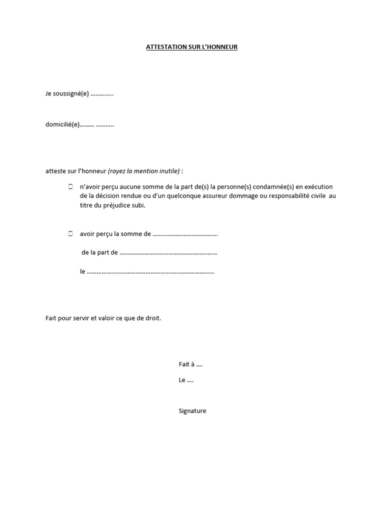 Attestation Sur L’Honneur Contribution Formation – MGNAR