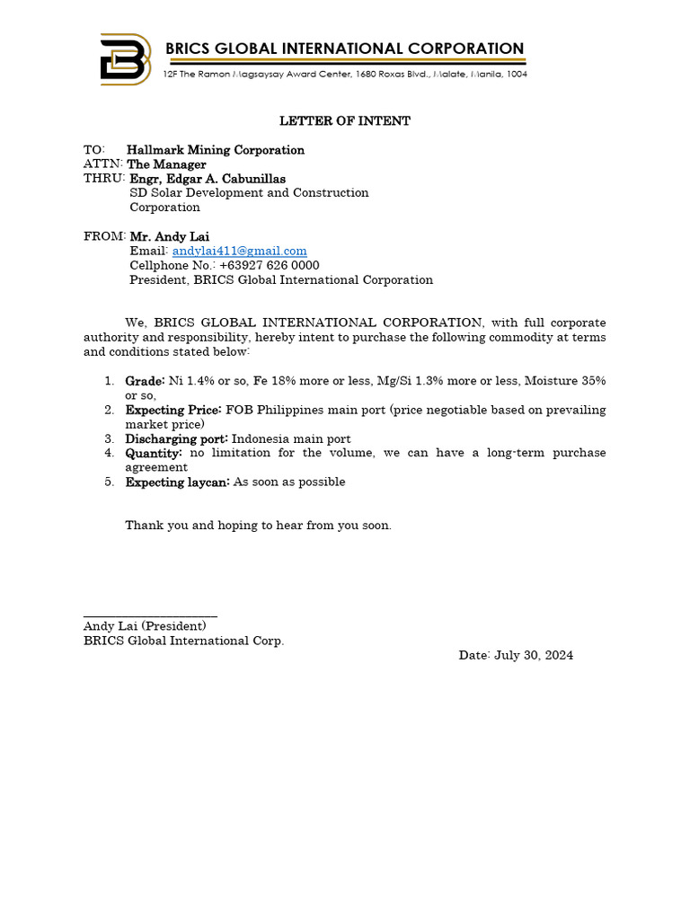 Letter of Intent - Hallmark Mining Corp | PDF