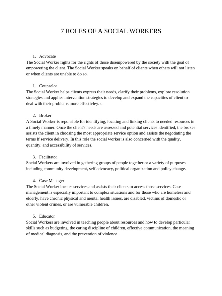 7 Key Roles of Social Workers | PDF | Social Work | Mediation