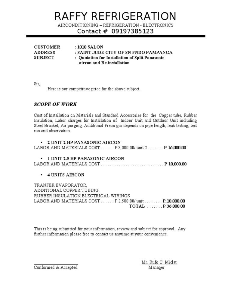 Panasonic Aircon Installation Quotation | PDF