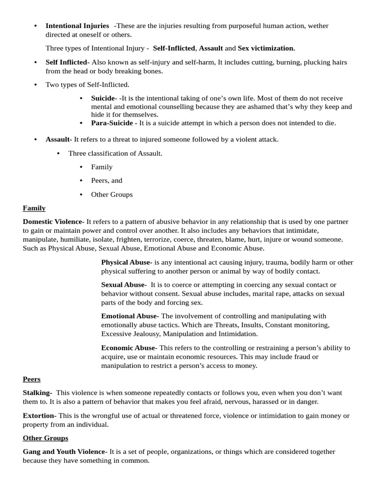 Intentional Injuries Reviewer For Grade 9 | PDF