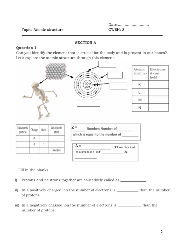 Atomic Structure Worksheet Don Bosco | PDF