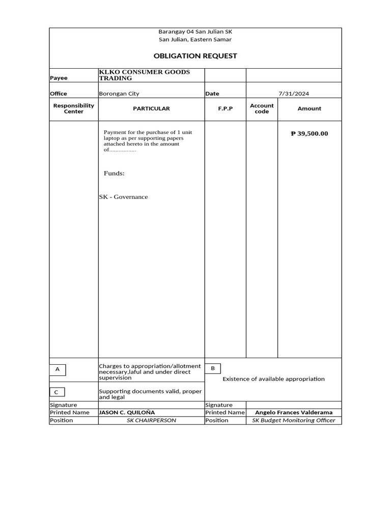 Obligation Request: Payee Office Date Particular F.P.P Amount ...