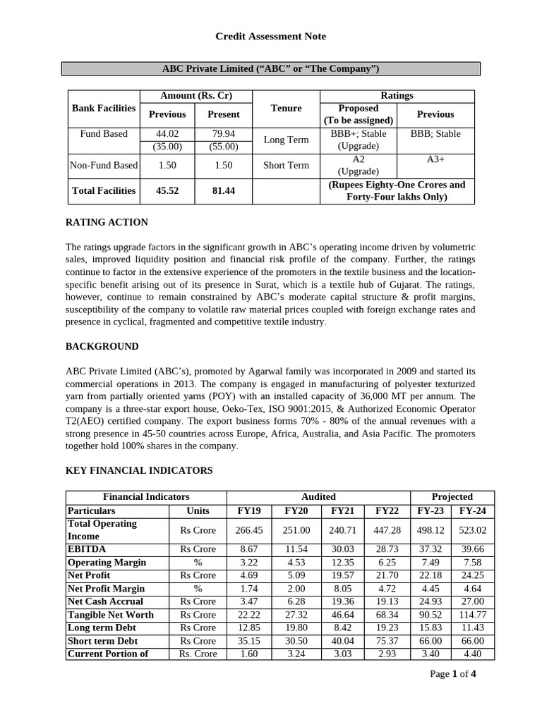 ABC Private Limited-Short Credit Note (IND Ratings) | PDF | Textiles ...