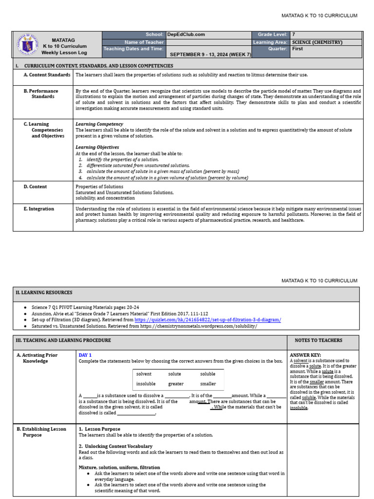 Properties of Solutions in Grade 7 Science | PDF | Mixture | Solubility
