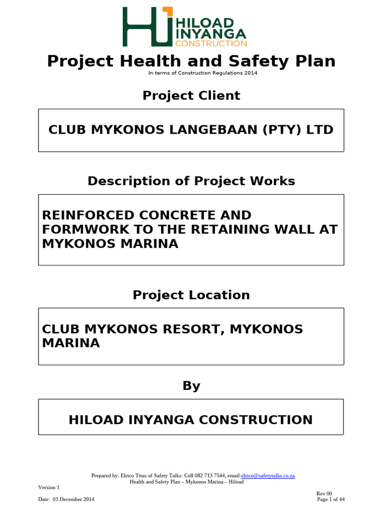 Project Health and Safety Plan Hiload - Mykonos | PDF