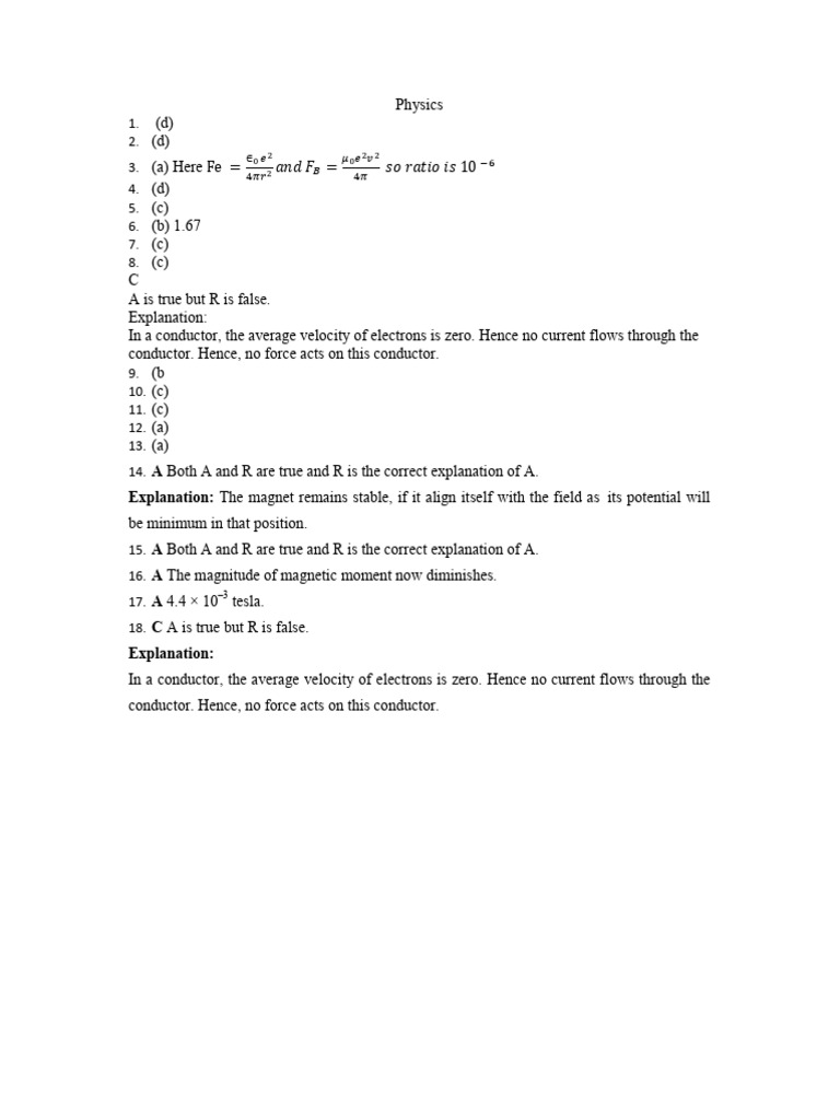 12 Physics MCQT - 4 Answer Key | PDF