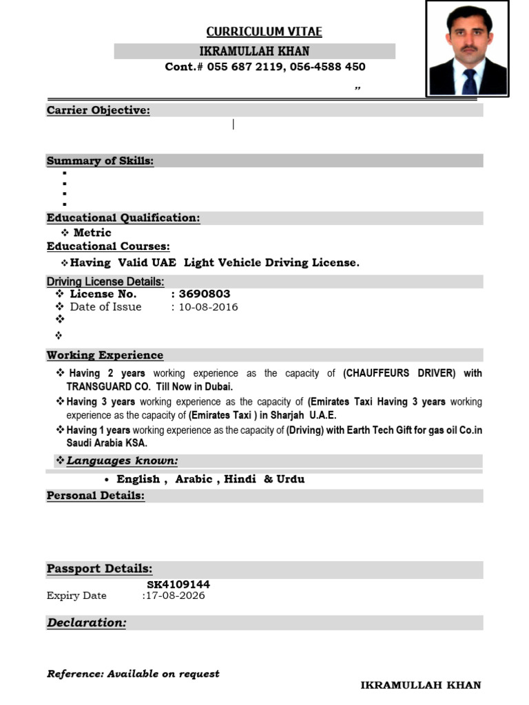 Ikramullah Khan - Light Vehicle Driver | PDF
