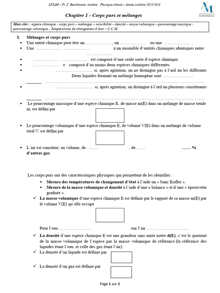 Corps purs et mélanges en seconde | PDF | Chimie | Méthodes et ...
