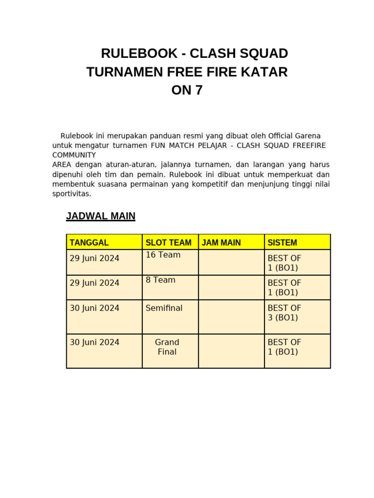 Rules dan Peraturan Turnamen FF Clash Squad PDF
